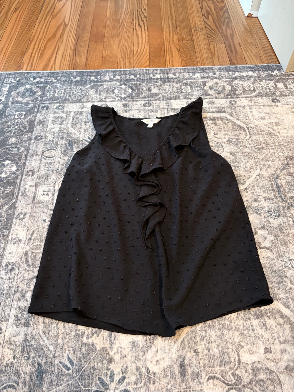 LC Lauren Conrad Black Ruffle Front Swiss Dot  Top